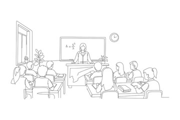 Obraz premium Continuous Line Drawing of a Teacher Leading a Classroom, Mentor Guiding Students in a Modern Learning Environment, One Line Art Illustration