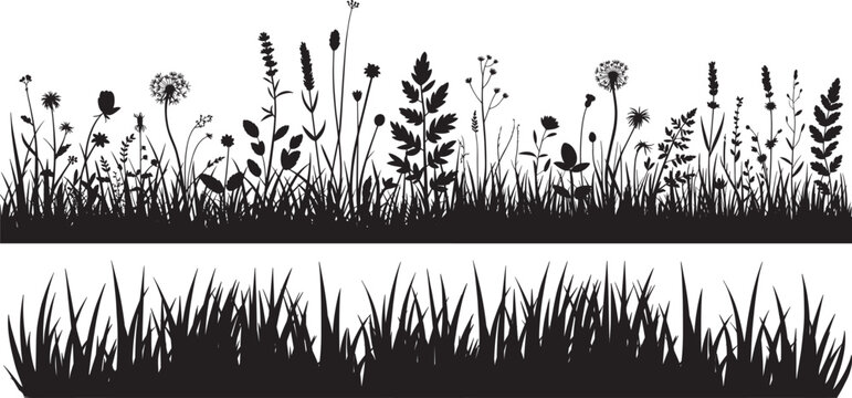 Grass and wildflowers silhouette set, wild grass and meadow flower silhouettes vector, plants and weeds landscape element for nature design, decoration and illustration