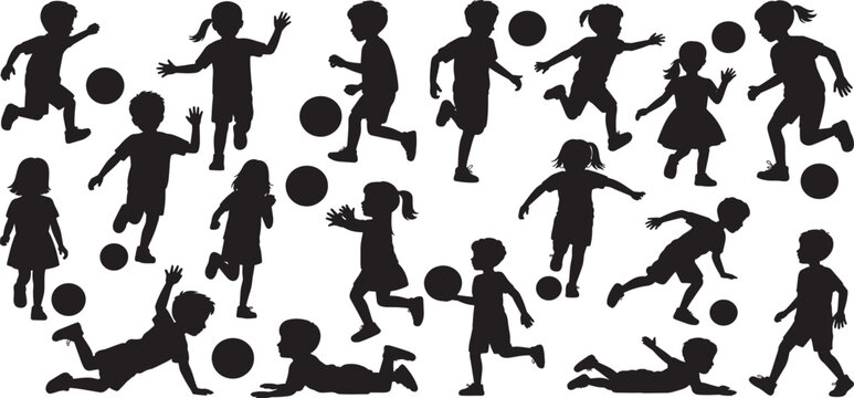 silhouettes of children playing soccer.  Diverse poses of children running, kicking, and dribbling balls, healthy lifestyle, team play, vector illustration