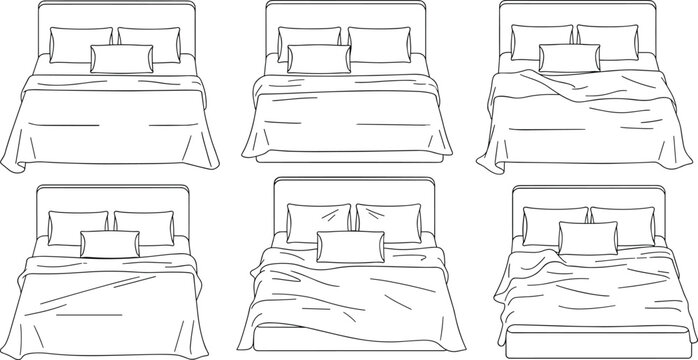 Vector illustration of six line‑drawn beds with headboards, pillows, and blankets arranged in different styles, representing interior design and lifestyle concepts.