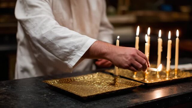 46Close-up of a priest lighting altar candles during Easter vigil, bright flame reflecting in polished brass candlesticks