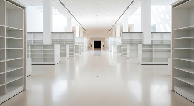 Modern empty library interior with rows of white bookshelves and a long hallway leading to a dark opening, symbolizing knowledge and learning spaces.