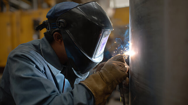 Skilled worker weld metal parts together in a factory environment, sparks fly illuminating the dark workshop, precise craftsmanship, close up on protective gear