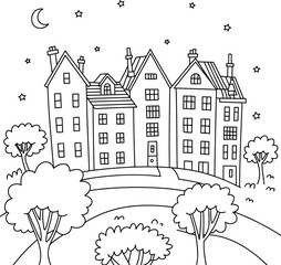 Fototapeta premium Charming town houses under night sky with stars and moon cartoon line art illustration for kids coloring page