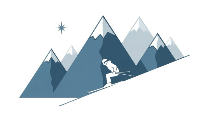 Skier descending a snowy mountain slope with mountain range backdrop.