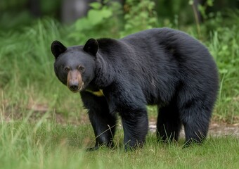 Obraz premium A majestic black bear stands in a lush green meadow gazing directly at the viewer