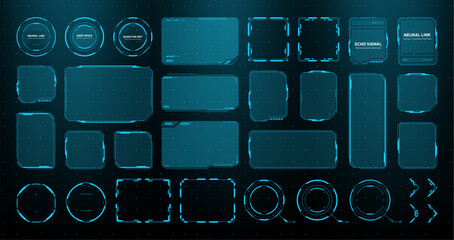 Collection of blue hud vector graphic elements. Set of futuristic digital interface user frames, circular scopes and data boxes. Innovation technology for science fiction screen display. © marruu