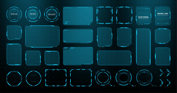Collection of blue hud vector graphic elements. Set of futuristic digital interface user frames, circular scopes and data boxes. Innovation technology for science fiction screen display.