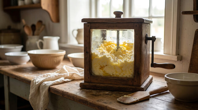 Antique wooden butter churn with yellow contents in a rustic kitchen setting, showcasing traditional food preparation methods.