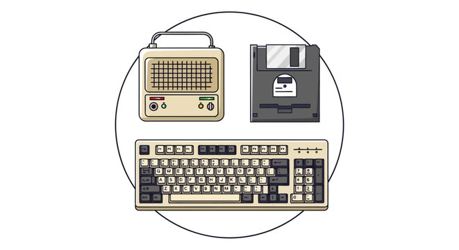 Retro computer equipment keyboard floppy disk radio