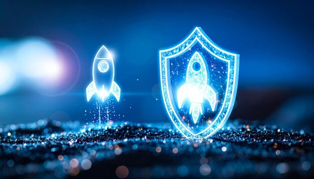 A digital image showcasing a rocket launch with a shield, symbolizing security and innovation. The scene is set in a futuristic, technology-driven environment