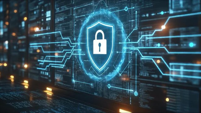 Digital shield with a lock symbolizes cybersecurity, data protection, and secure network infrastructure in a technological environment
