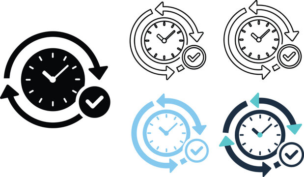Vector illustration of five clock icons with circular arrows and checkmark symbols, representing time management, scheduling, updates, and reliability concepts.