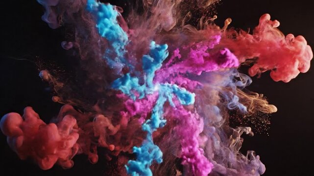 A vibrant video showcasing a colorful smoke explosion in a dark room