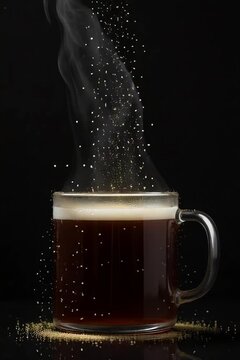 Hot Coffee in Glass Mug With Rising Steam and Golden Sparkle Dust Against Black Background