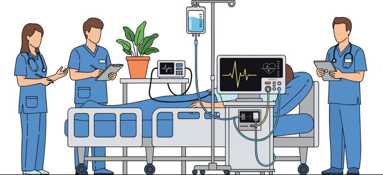 Vector illustration of hospital patient in bed surrounded by four medical professionals with heart monitor, IV drip, and clinical equipment representing healthcare teamwork.
