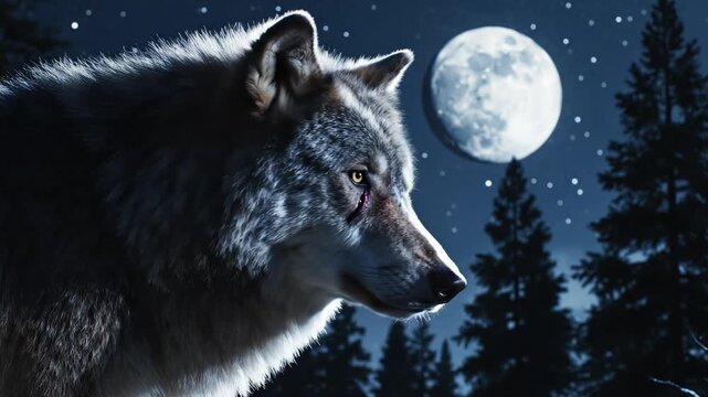 Wolf in moonlit forest