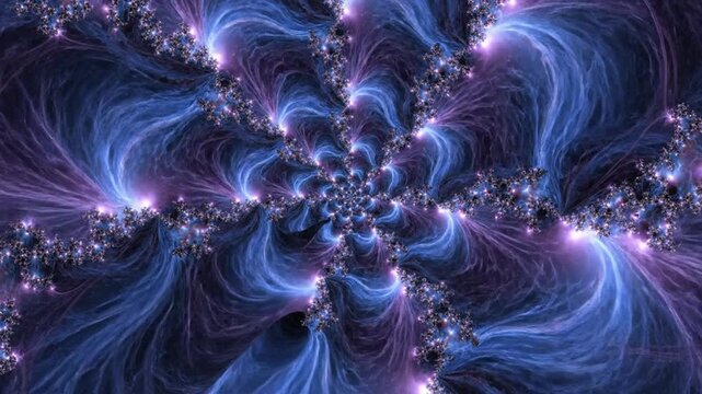 Vibrant purple and blue fractal design with glowing lights and swirling patterns on a dark background for technology or science use