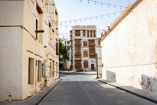 Traditional architecture of old Jeddah town El Balad district houses with wooden windows and balconies Unesco Heritage site in Jeddah Saudi Arabia