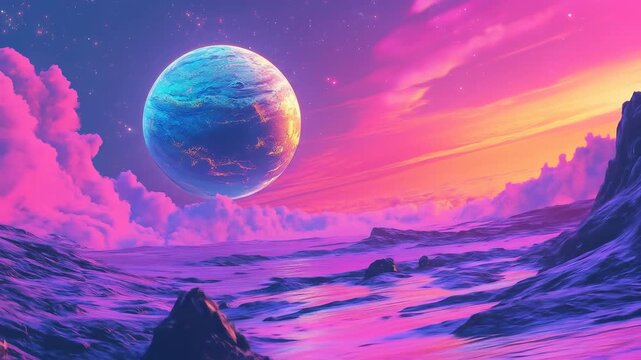 Cosmic planet and nebula in a vibrant sky with dramatic lighting