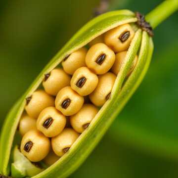 Close-up of reniform Black Locust (Robinia pseudoacacia) seeds in a pod, a botanical illustration