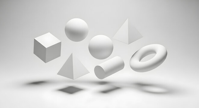 3d shapes floating in mid air with shadows on a gray background