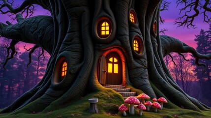 Naklejka premium Magical tree house glows warmly. Forest surrounds structure, creating whimsical scene. Evening light adds dramatic effect.