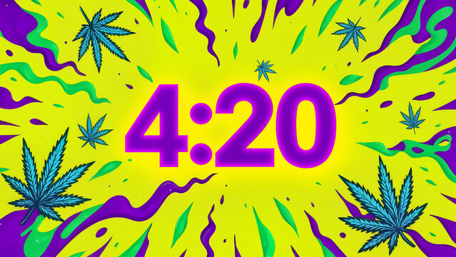 420 psychedelic typography with cannabis leaves on bright neon yellow background, trippy marijuana culture celebration concept