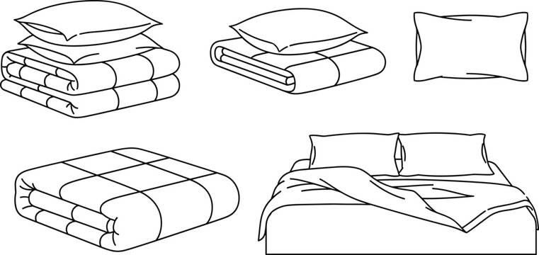 Black‑and‑white vector line drawing illustration of bedding items including folded comforters, stacked pillows, blankets, and a made bed with cushions and draped cover.