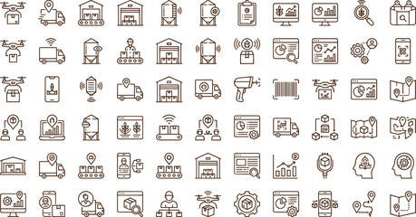 Obraz premium Smart logistics and supply chain technology line icon set with drones tracking analytics warehouse automation symbols