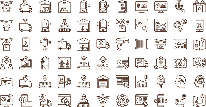 Smart logistics and supply chain technology line icon set with drones tracking analytics warehouse automation symbols