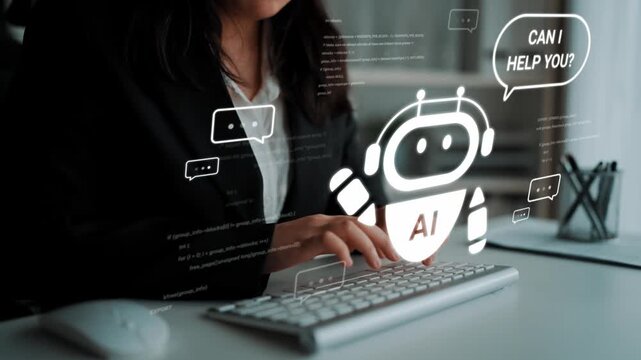 Professional woman interacting with AI chatbot on computer, showcasing modern technology, communication, and innovation in business environment Gluon.