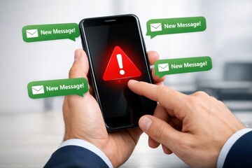 Unread Message Alert: A hand holds a smartphone, its screen displaying an alert icon amidst a flurry of new message notifications.
