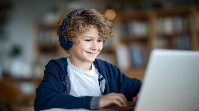 A young student attending an online class with laptop and headphones at home desk