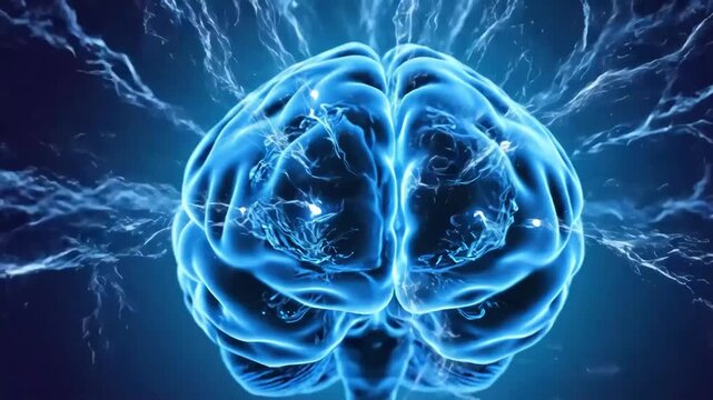 Abstract blue brain with electrical energy and lightning