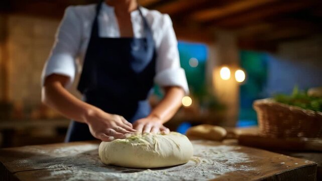 Close-up of a baker kneading dough on a floured wooden table in a bakery kitchen