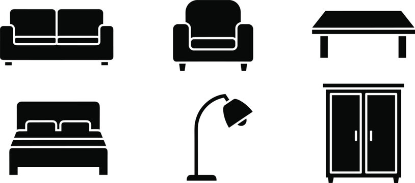 Black silhouette vector illustration of six household furniture items including sofa, armchair, dining table, bed, floor lamp, and wardrobe arranged in 2x3 grid layout.