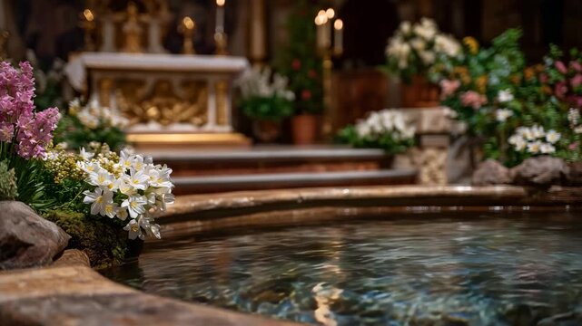 Close-up of a baptismal font with clear water reflecting church arches and Easter decorations