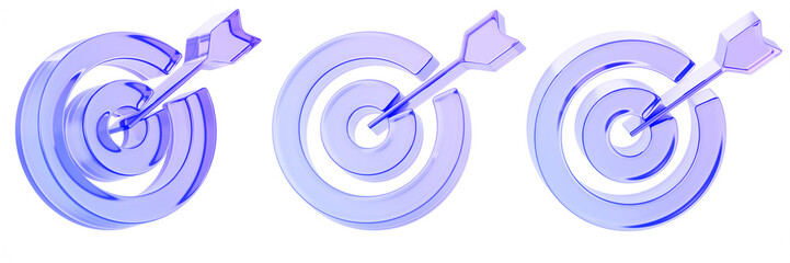 3d glass circle target board set with dart in bullseye. Marketing, business strategy, goal, focus on purpose, sport game. Crystal holographic dartboard with arrow isolated render icon
