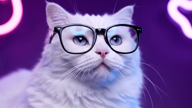 White Cat Wearing Black Glasses.