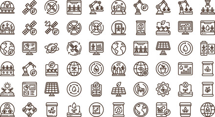 Fototapeta premium Sustainable technology and renewable energy line icon set with solar panels satellites robotics agriculture analytics symbols