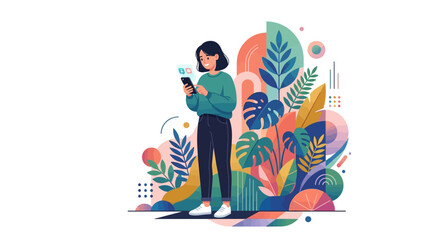Fototapeta premium Young Woman Engaged with Smartphone Amidst Lush Foliage.