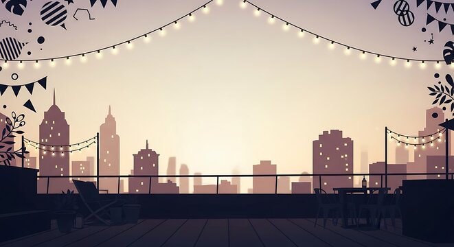 City skyline at sunset with string lights and decorations on rooftop patio