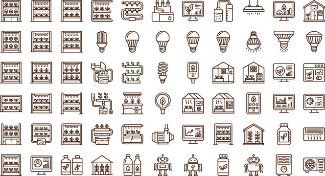 Vertical farming technology line icon collection with hydroponic systems grow lights greenhouse automation indoor agriculture equipment symbols