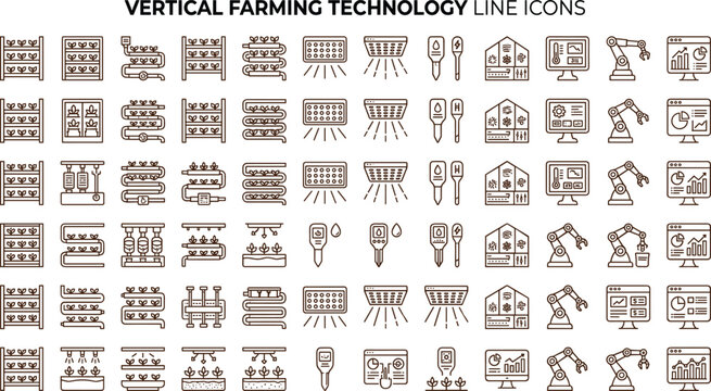 Vertical farming technology line icon set with hydroponic systems grow lights sensors greenhouse automation agriculture symbols