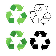 Obraz premium Set of green and black recycle icons in flat and outline styles