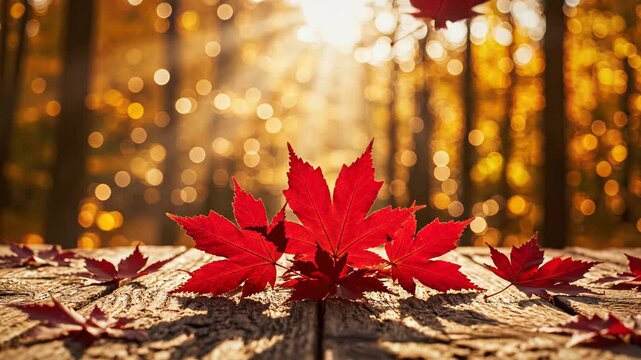 Red maple leaves on wooden surface