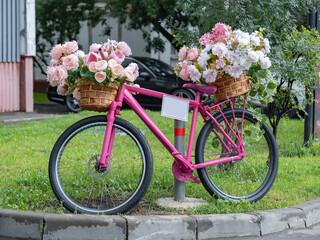 Fototapeta premium Pink bicycle with flower baskets decorating green urban roadside space