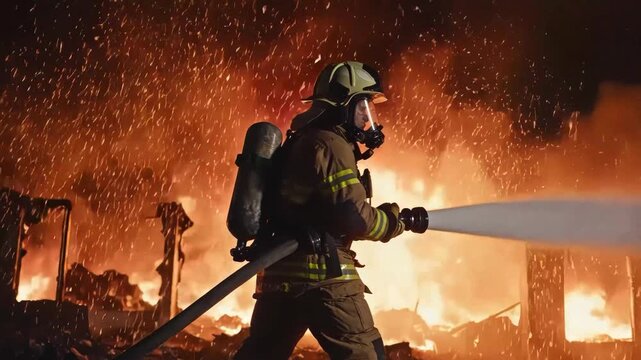 Firefighter battling large structure fire with highpressure hose