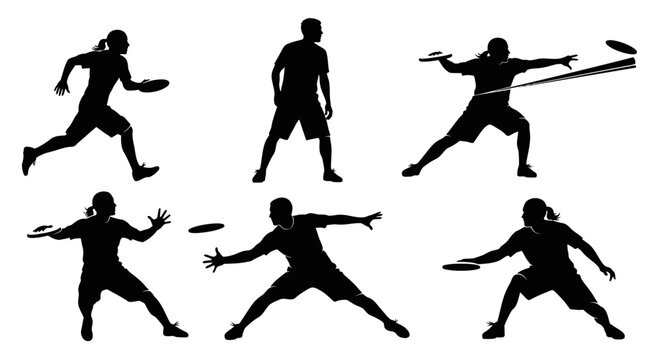 Ultimate Frisbee Silhouette Set: Dynamic Poses of Athletes Playing Disc Sport